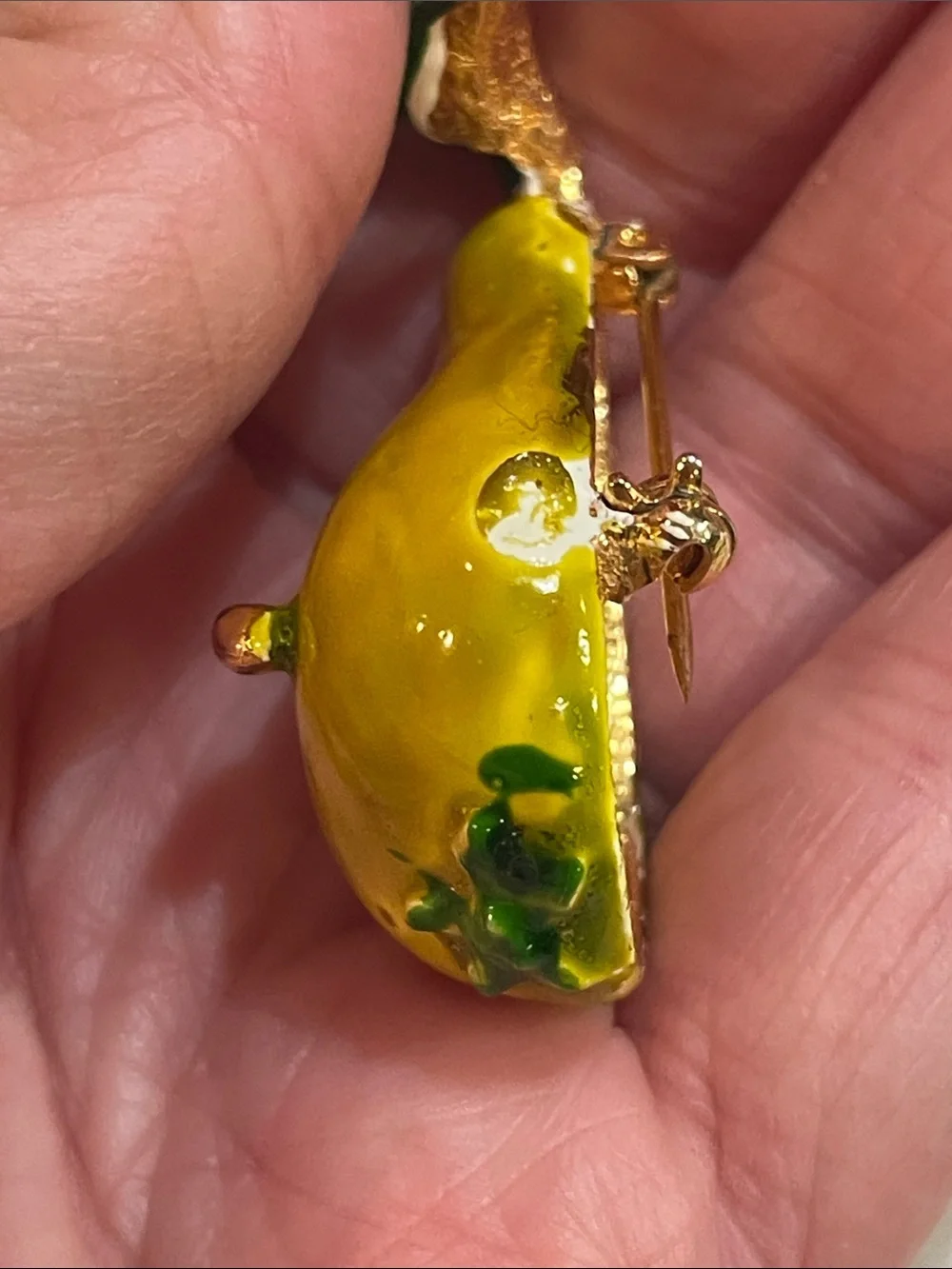 1960's VINTAGE Glossy Yellow Enamel Pear Accent with Green Leaf Brooch